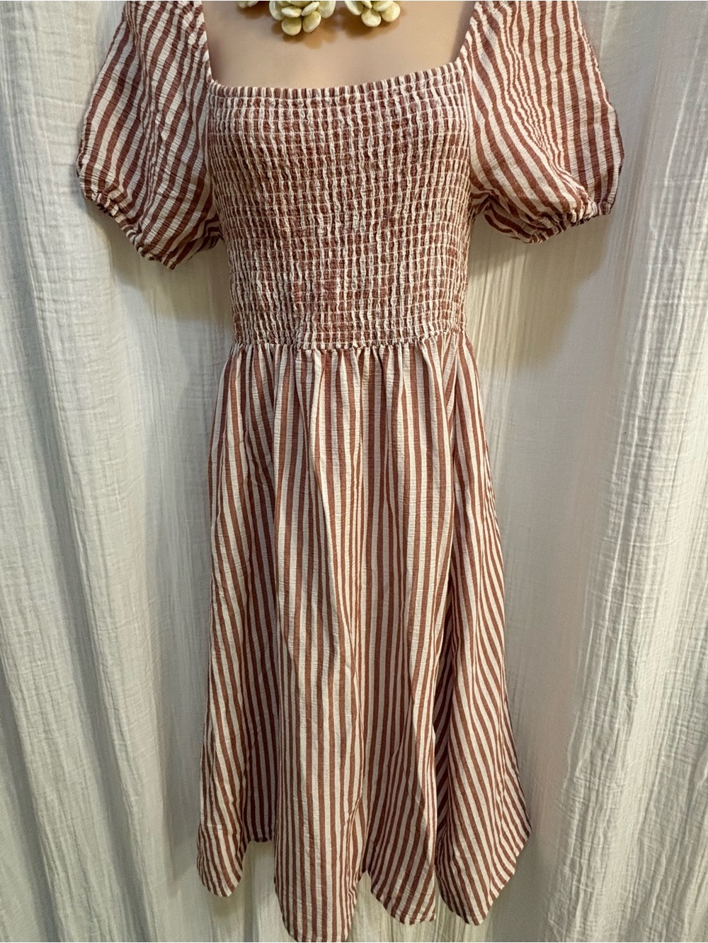 Smocked Square-Neck Midi Dress in Brown Stripe - Picture 2 of 5